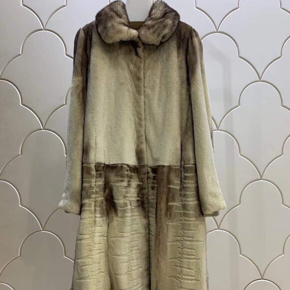 New Real Semi-Sheared Cross MINK Fur Coat Jacket Stroller Beige Golden Palamino - Picture 1 of 7